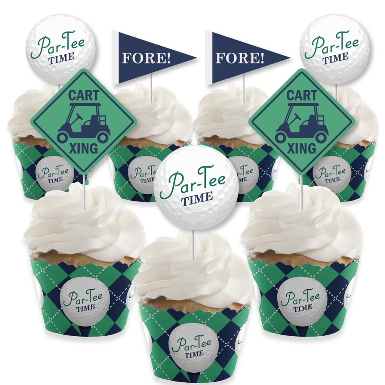 Big Dot of Happiness Par-Tee Time - Golf - Cupcake Decoration - Birthday or Retirement Party Cupcake Wrappers and Treat Picks Kit - Set of 24